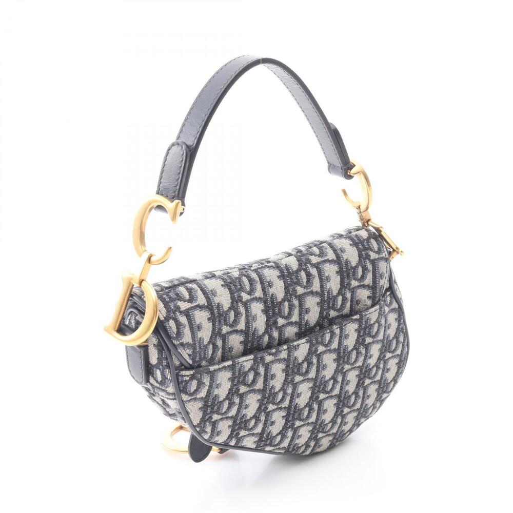 Dior Saddle Bag Oblique Jacquard Handbag Canvas Leather Ivory White Navy Blue - Picture 2 of 8